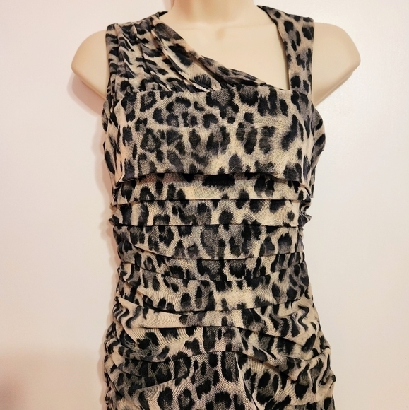 Allen B Cheetah Print Mesh Ruched Asymmetrical Mini Dress Black Beige X Small - Picture 3 of 12